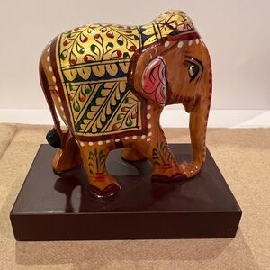 Hand-Painted Wooden Elephant Figurine – Boho Folk-Art Home Accent (Approx 3.5″H)